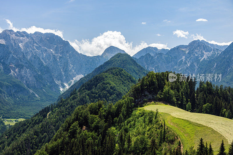 The beautiful Logar valley from the Solčava slope, in the background the Kamnikško- Savinjske Alpe, Slovenia, Europe